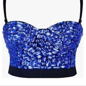 Blue Embellished Women's Crop Rave Top